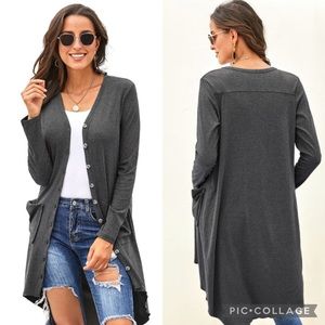 Gray Selected Button Down Pocketed High Low Cardigan